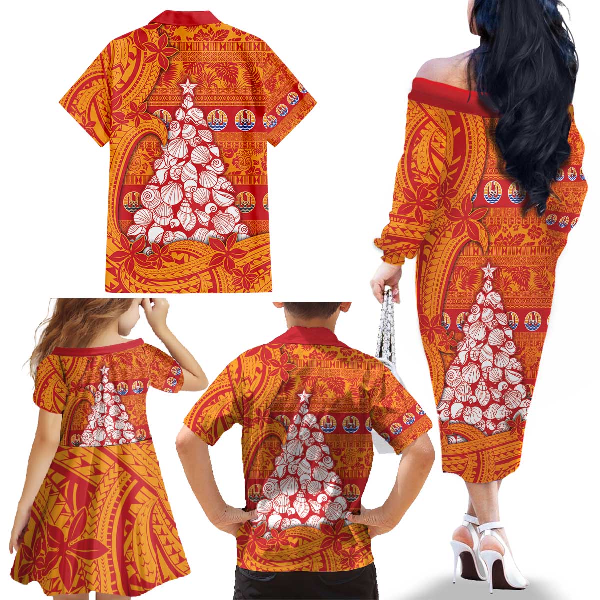 French Polynesia Christmas Family Matching Off The Shoulder Long Sleeve Dress and Hawaiian Shirt Seashell Xmas Tree Tribal Waves - Polynesian Pride