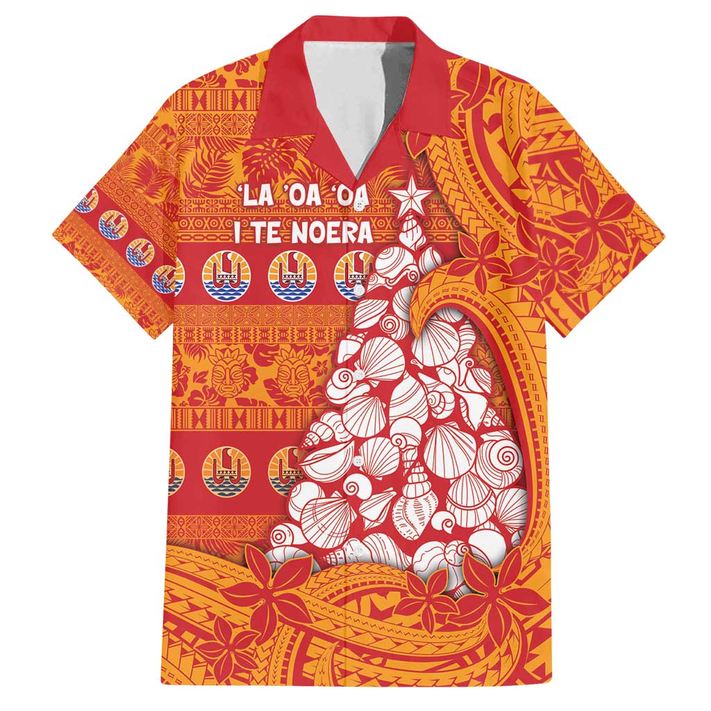 French Polynesia Christmas Family Matching Off Shoulder Short Dress and Hawaiian Shirt Seashell Xmas Tree Tribal Waves - Polynesian Pride