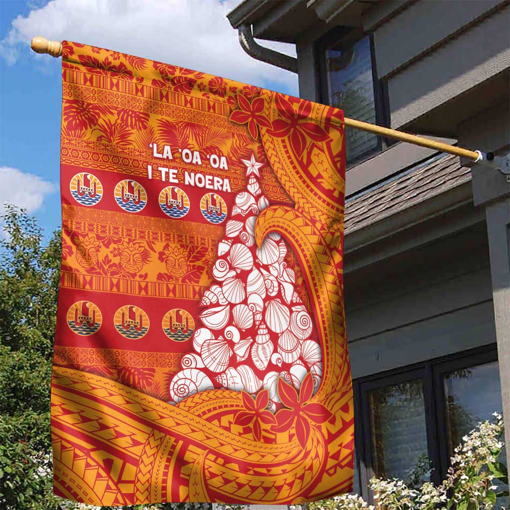 French Polynesia Christmas Garden Flag Seashell Xmas Tree Tribal Waves - Polynesian Pride