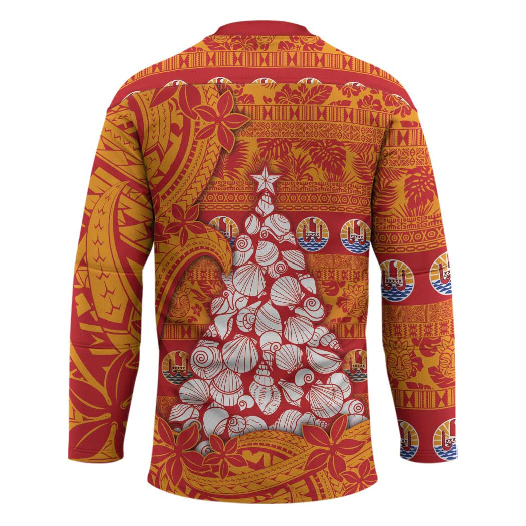 French Polynesia Christmas Hockey Jersey Seashell Xmas Tree Tribal Waves - Polynesian Pride