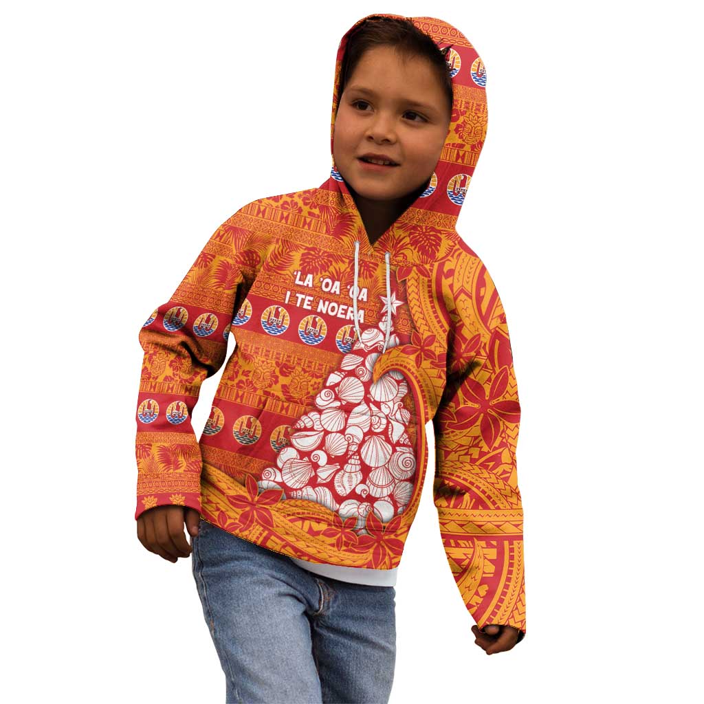 French Polynesia Christmas Kid Hoodie Seashell Xmas Tree Tribal Waves - Polynesian Pride