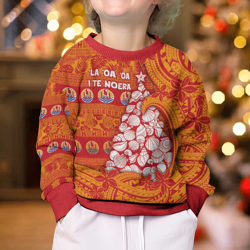 French Polynesia Christmas Kid Ugly Christmas Sweater Seashell Xmas Tree Tribal Waves - Polynesian Pride