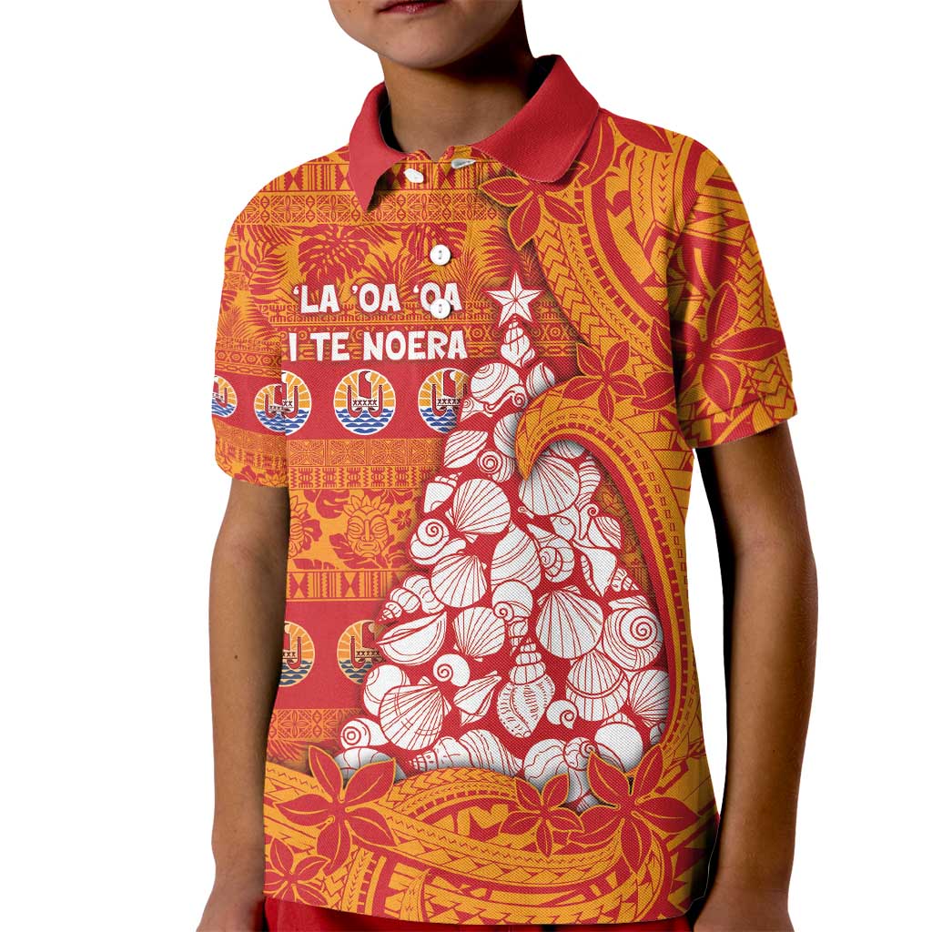 French Polynesia Christmas Kid Polo Shirt Seashell Xmas Tree Tribal Waves - Polynesian Pride