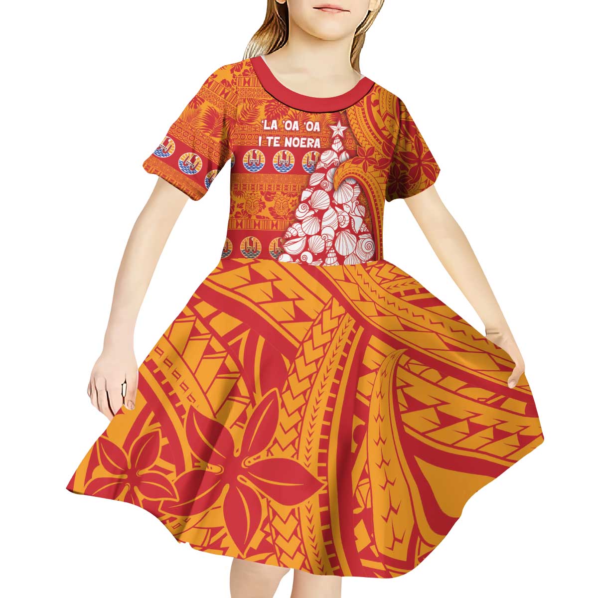 French Polynesia Christmas Kid Short Sleeve Dress Seashell Xmas Tree Tribal Waves - Polynesian Pride