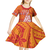 French Polynesia Christmas Kid Short Sleeve Dress Seashell Xmas Tree Tribal Waves - Polynesian Pride