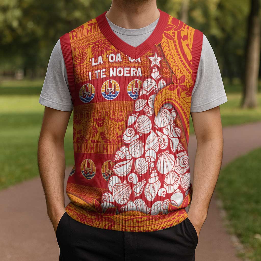 French Polynesia Christmas Knitted V-Neck Vest Seashell Xmas Tree Tribal Waves - Polynesian Pride