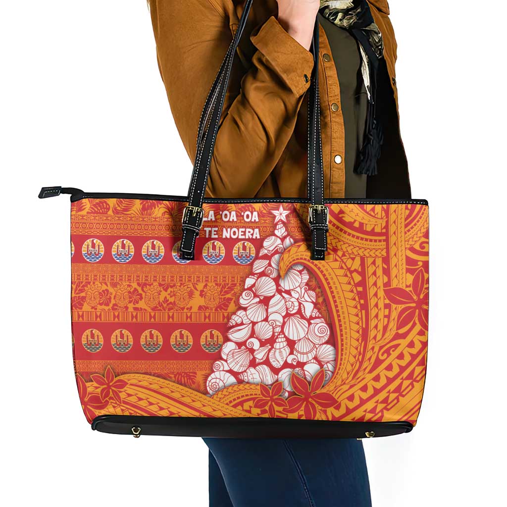 French Polynesia Christmas Leather Tote Bag Seashell Xmas Tree Tribal Waves - Polynesian Pride