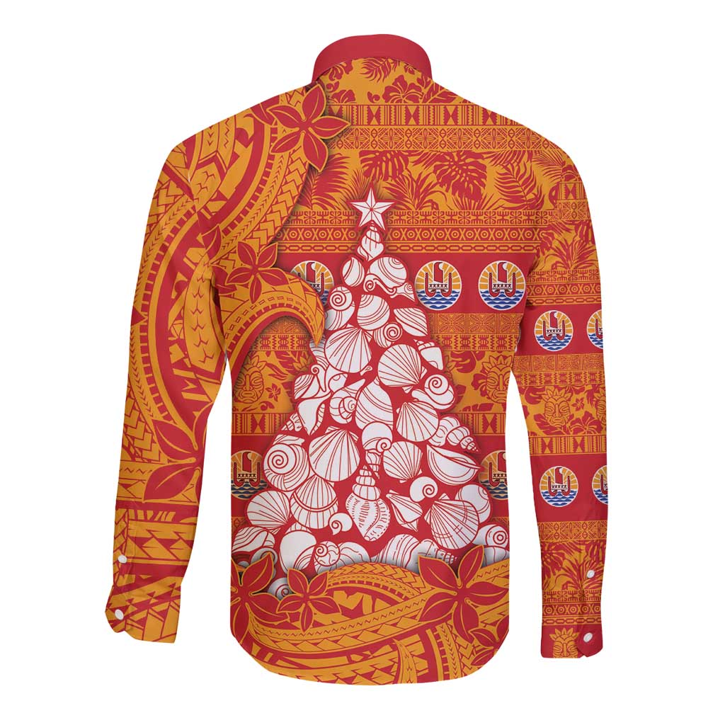 French Polynesia Christmas Long Sleeve Button Shirt Seashell Xmas Tree Tribal Waves - Polynesian Pride