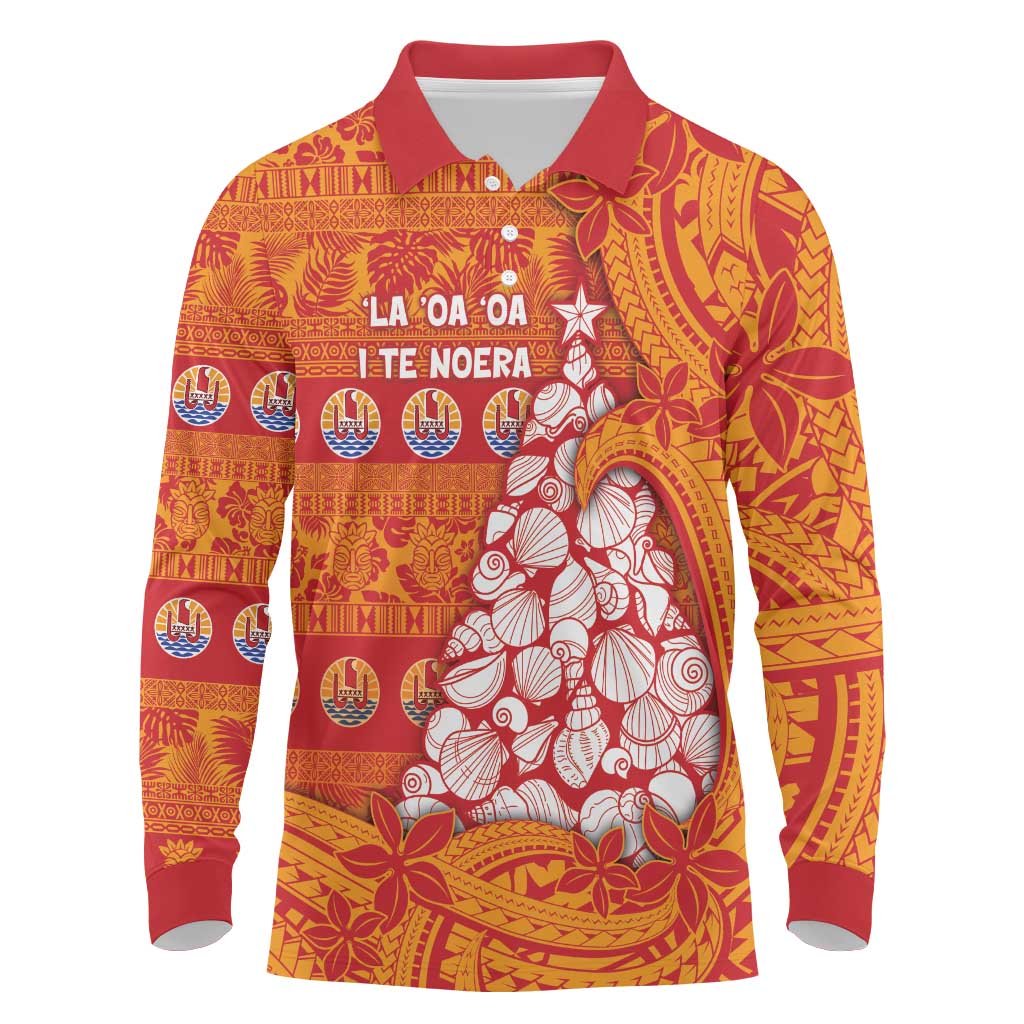 French Polynesia Christmas Long Sleeve Polo Shirt Seashell Xmas Tree Tribal Waves - Polynesian Pride