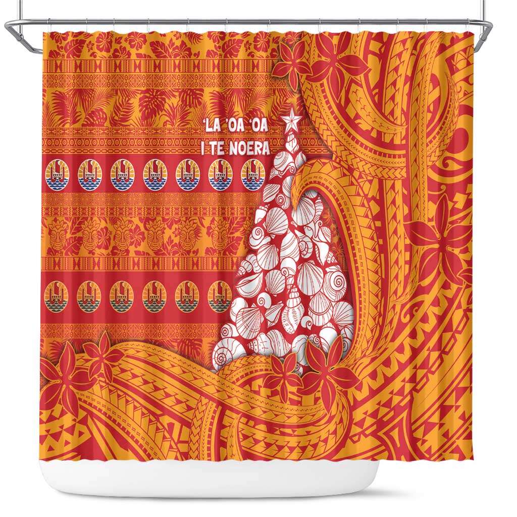 French Polynesia Christmas Shower Curtain Seashell Xmas Tree Tribal Waves - Polynesian Pride