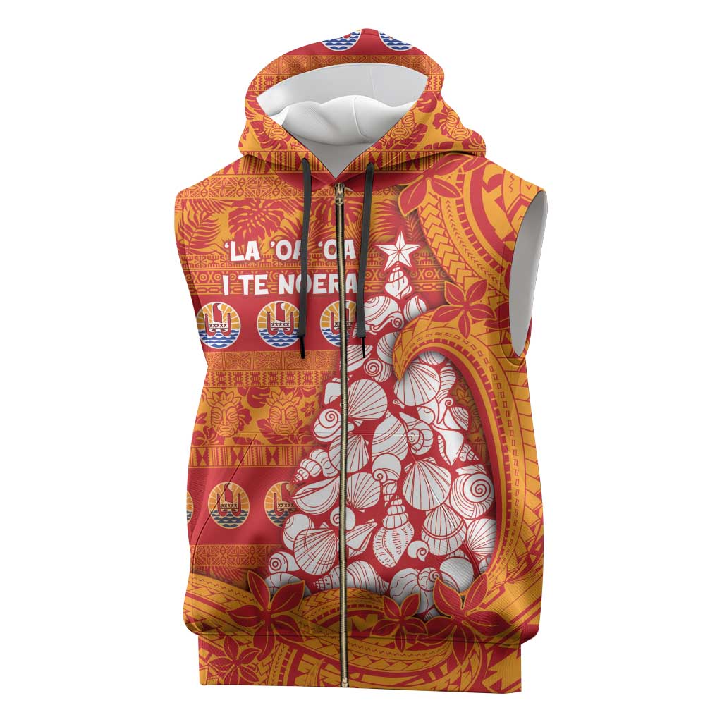 French Polynesia Christmas Sleeveless Zip Hoodie Seashell Xmas Tree Tribal Waves - Polynesian Pride