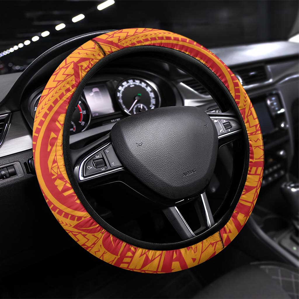 French Polynesia Christmas Steering Wheel Cover Seashell Xmas Tree Tribal Waves - Polynesian Pride
