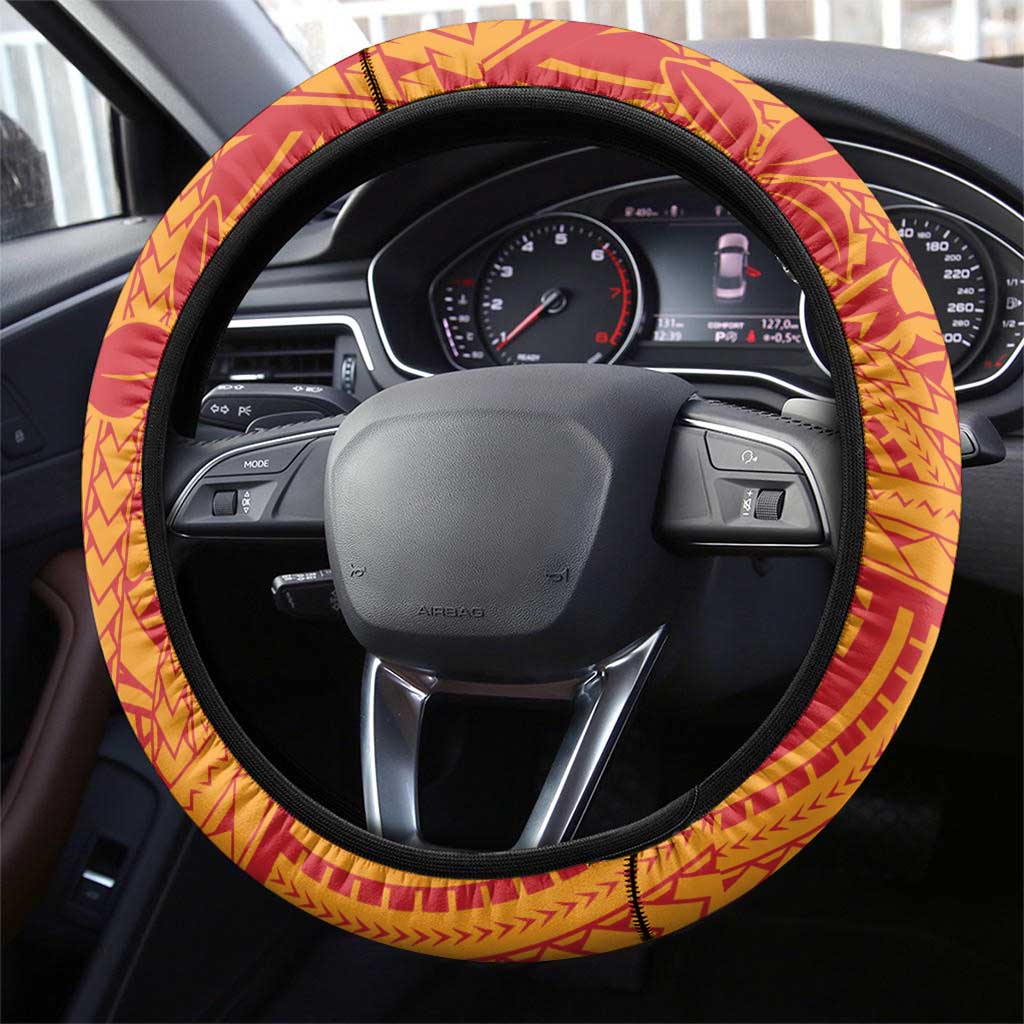 French Polynesia Christmas Steering Wheel Cover Seashell Xmas Tree Tribal Waves - Polynesian Pride