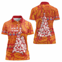 French Polynesia Christmas Women Polo Shirt Seashell Xmas Tree Tribal Waves - Polynesian Pride