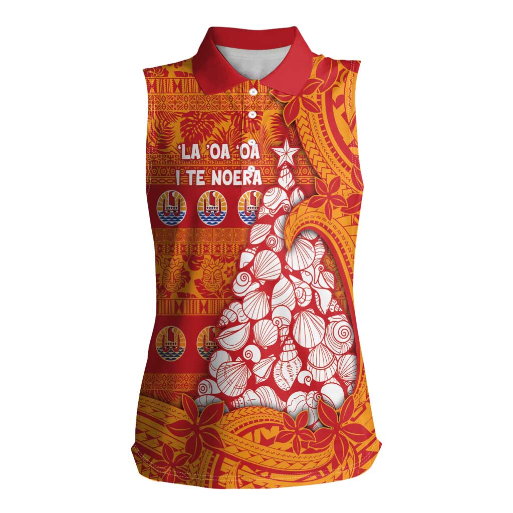 French Polynesia Christmas Women Sleeveless Polo Shirt Seashell Xmas Tree Tribal Waves - Polynesian Pride