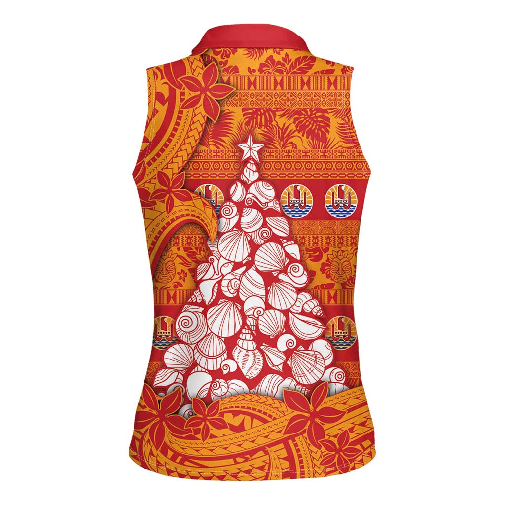 French Polynesia Christmas Women Sleeveless Polo Shirt Seashell Xmas Tree Tribal Waves - Polynesian Pride
