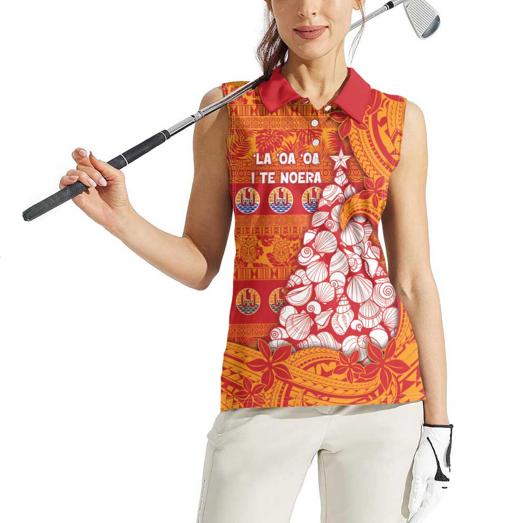 French Polynesia Christmas Women Sleeveless Polo Shirt Seashell Xmas Tree Tribal Waves - Polynesian Pride
