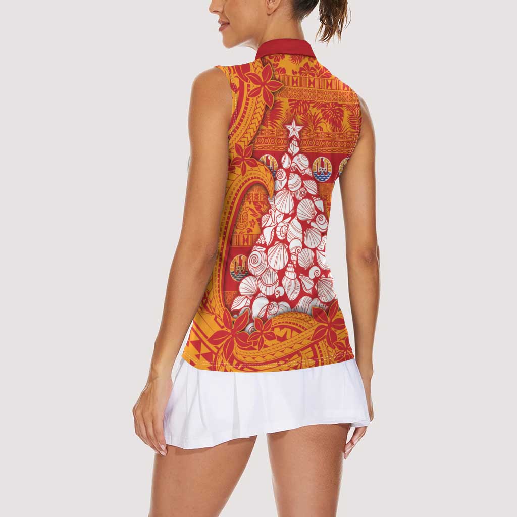 French Polynesia Christmas Women Sleeveless Polo Shirt Seashell Xmas Tree Tribal Waves - Polynesian Pride