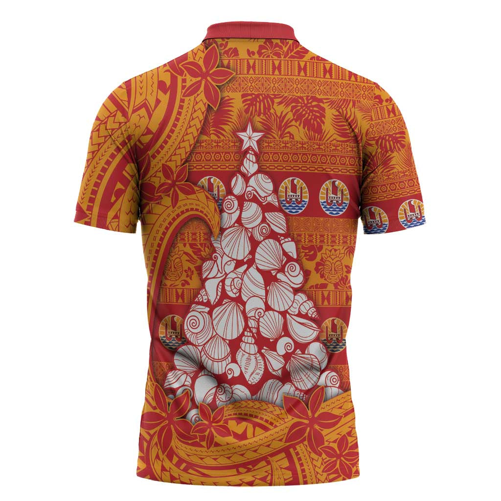 French Polynesia Christmas Zipper Polo Shirt Seashell Xmas Tree Tribal Waves - Polynesian Pride