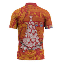 French Polynesia Christmas Zipper Polo Shirt Seashell Xmas Tree Tribal Waves - Polynesian Pride