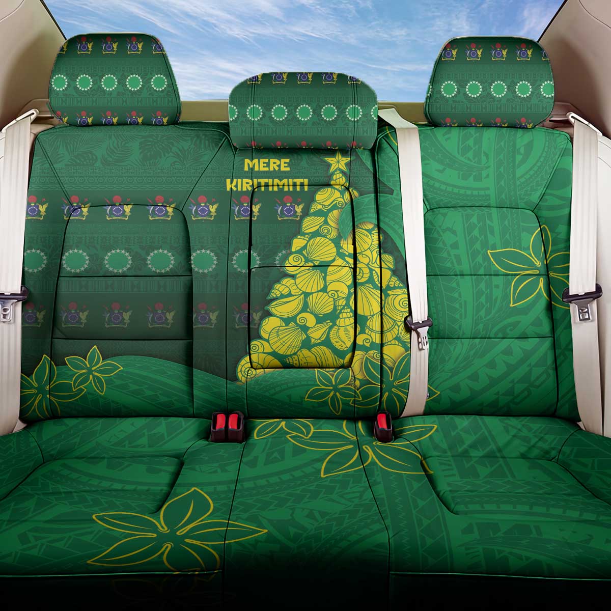 Cook Islands Christmas Back Car Seat Cover Seashell Xmas Tree Tribal Waves - Polynesian Pride