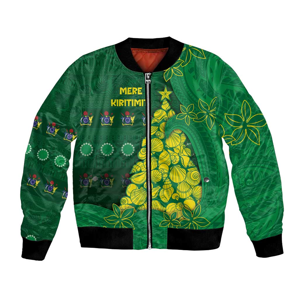 Cook Islands Christmas Bomber Jacket Seashell Xmas Tree Tribal Waves - Polynesian Pride