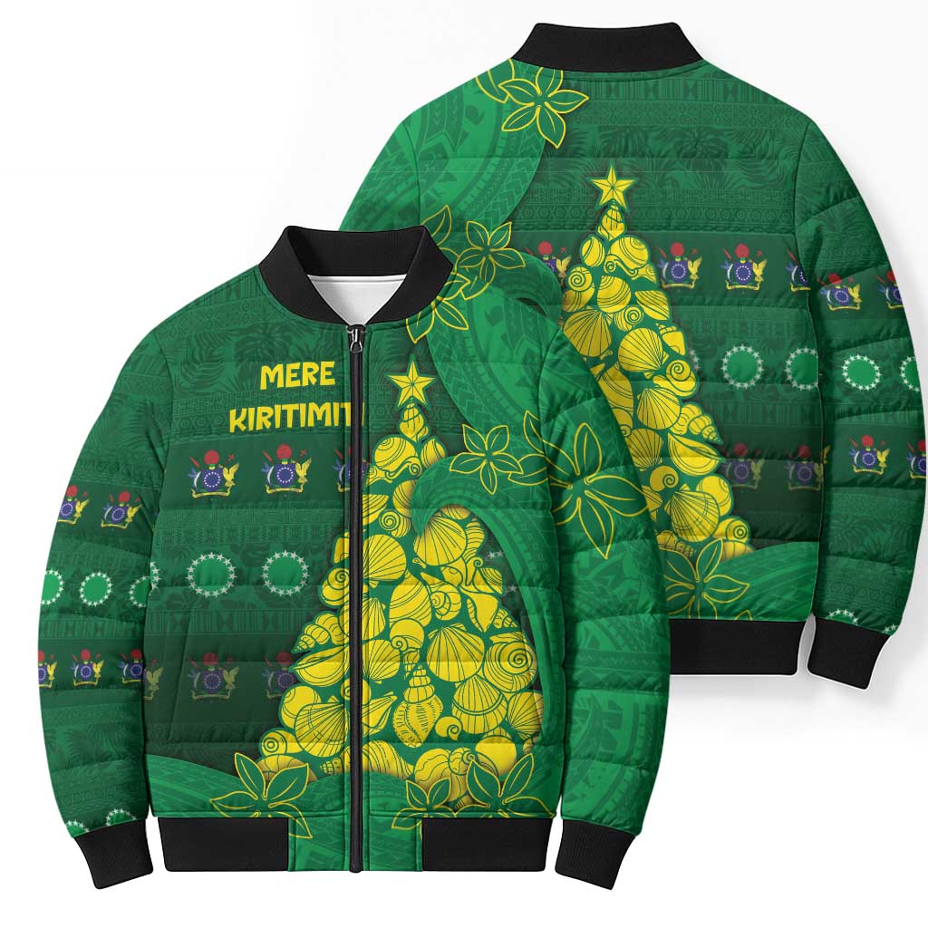 Cook Islands Christmas Bomber Puffer Jacket Seashell Xmas Tree Tribal Waves - Polynesian Pride