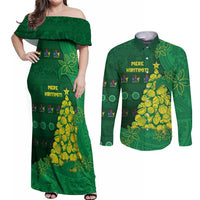 Cook Islands Christmas Couples Matching Off Shoulder Maxi Dress and Long Sleeve Button Shirt Seashell Xmas Tree Tribal Waves - Polynesian Pride