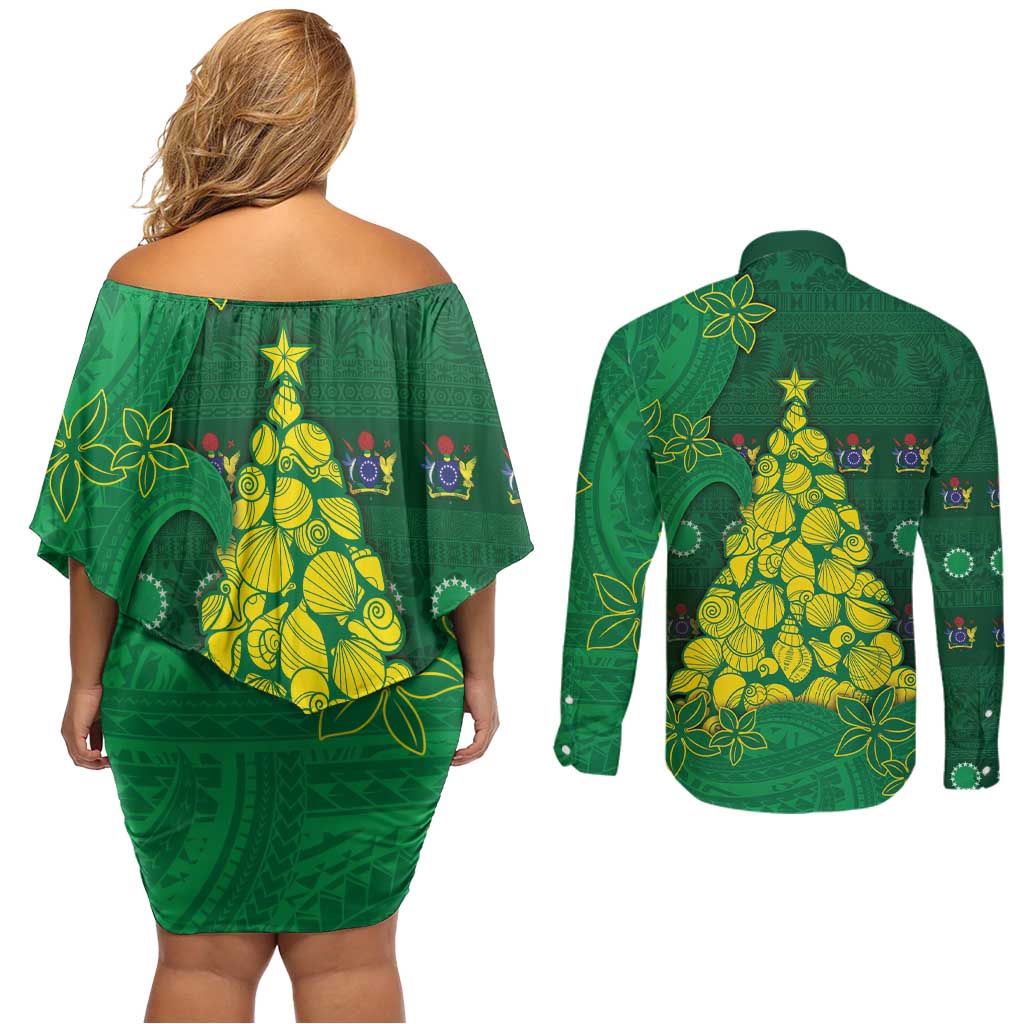 Cook Islands Christmas Couples Matching Off Shoulder Short Dress and Long Sleeve Button Shirt Seashell Xmas Tree Tribal Waves - Polynesian Pride