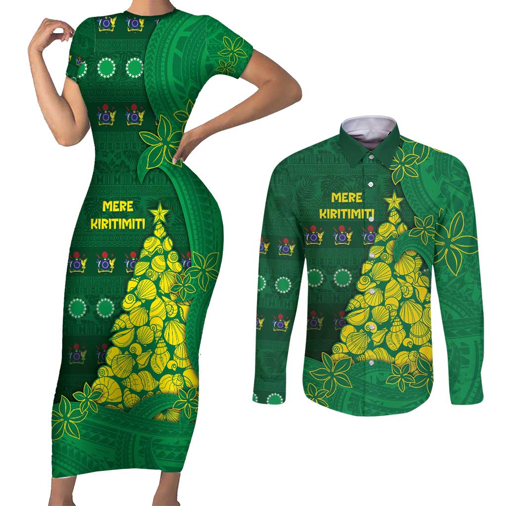 Cook Islands Christmas Couples Matching Short Sleeve Bodycon Dress and Long Sleeve Button Shirt Seashell Xmas Tree Tribal Waves - Polynesian Pride