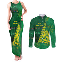 Cook Islands Christmas Couples Matching Tank Maxi Dress and Long Sleeve Button Shirt Seashell Xmas Tree Tribal Waves - Polynesian Pride