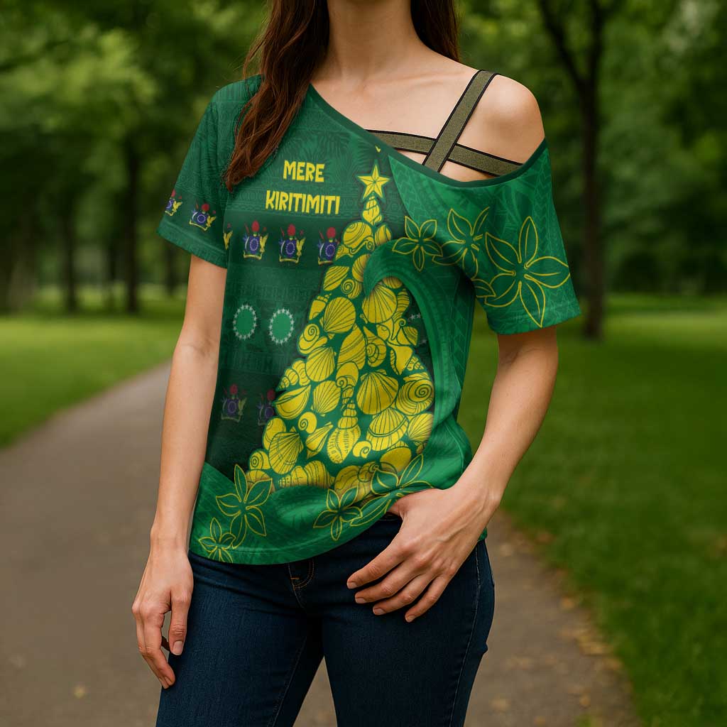 Cook Islands Christmas Cross Shoulder Shirt Seashell Xmas Tree Tribal Waves - Polynesian Pride