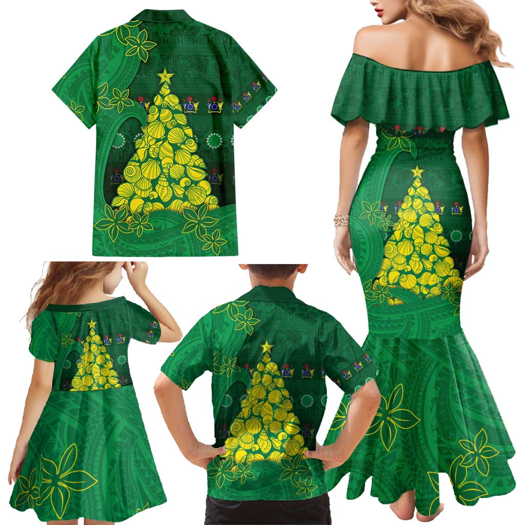Cook Islands Christmas Family Matching Mermaid Dress and Hawaiian Shirt Seashell Xmas Tree Tribal Waves - Polynesian Pride