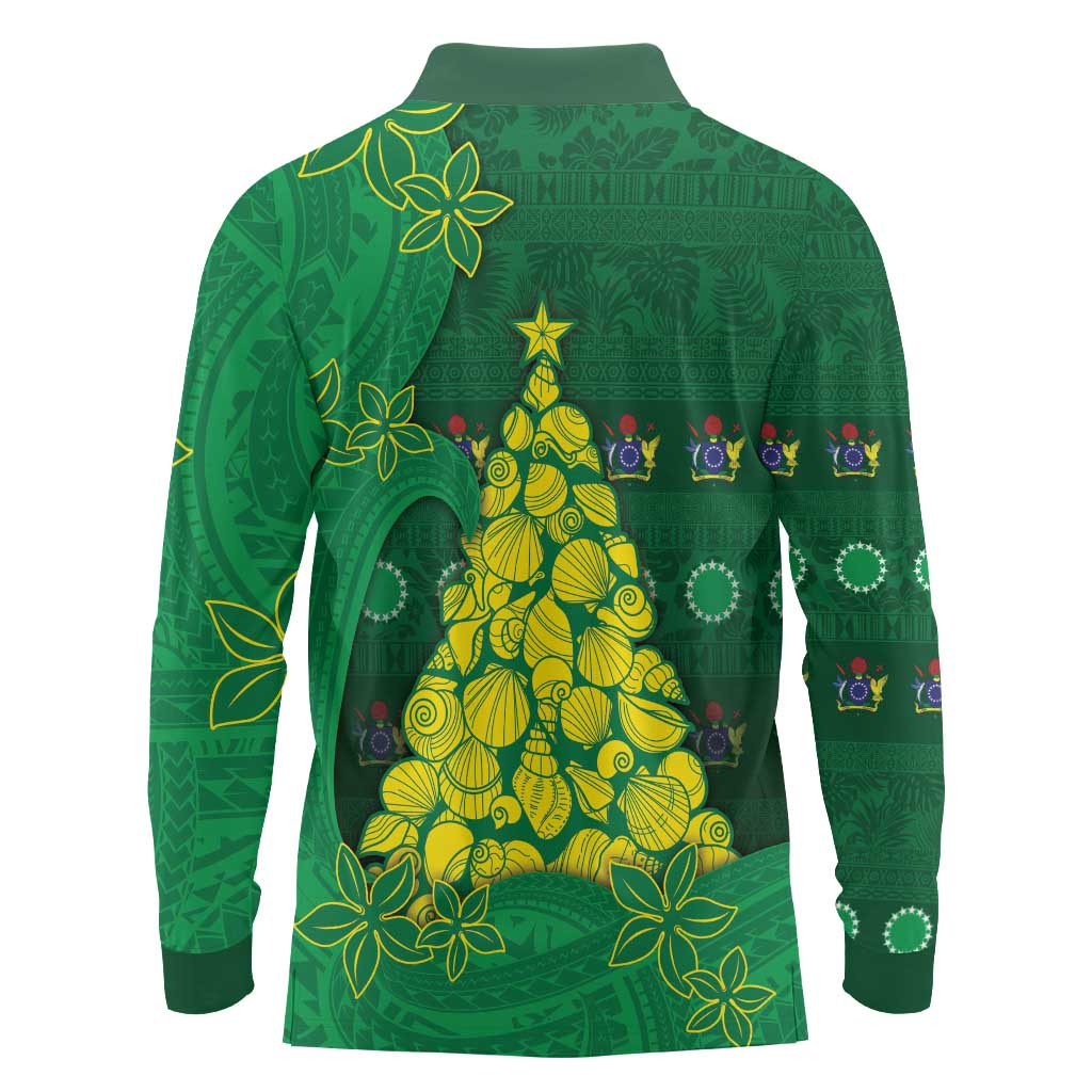 Cook Islands Christmas Long Sleeve Polo Shirt Seashell Xmas Tree Tribal Waves - Polynesian Pride