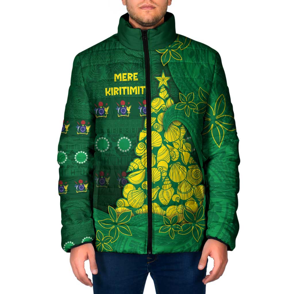 Cook Islands Christmas Padded Jacket Seashell Xmas Tree Tribal Waves - Polynesian Pride