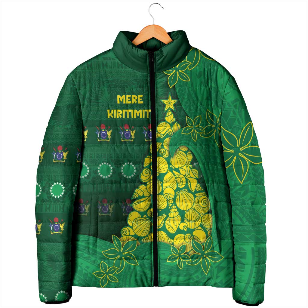 Cook Islands Christmas Padded Jacket Seashell Xmas Tree Tribal Waves - Polynesian Pride