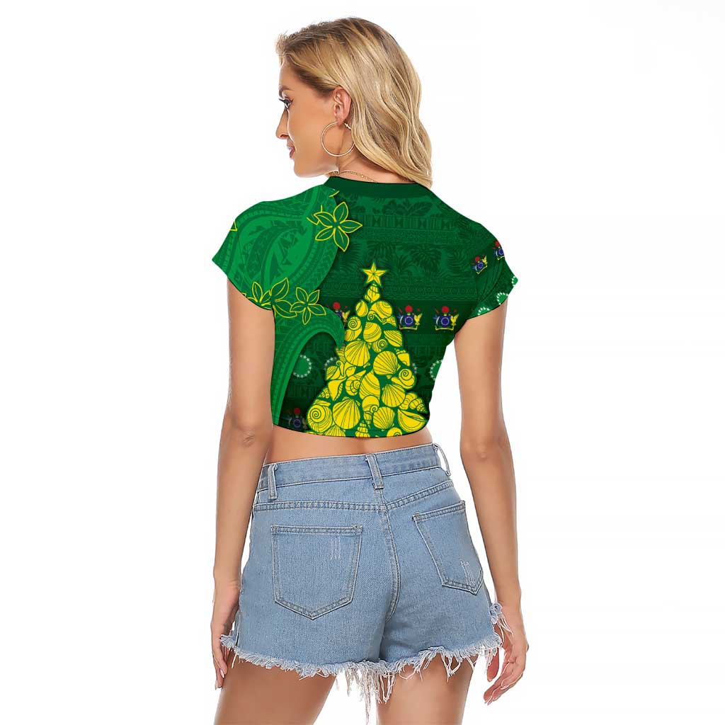 Cook Islands Christmas Raglan Cropped T Shirt Seashell Xmas Tree Tribal Waves - Polynesian Pride