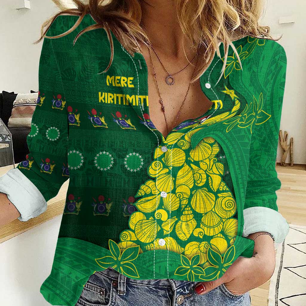 Cook Islands Christmas Women Casual Shirt Seashell Xmas Tree Tribal Waves - Polynesian Pride