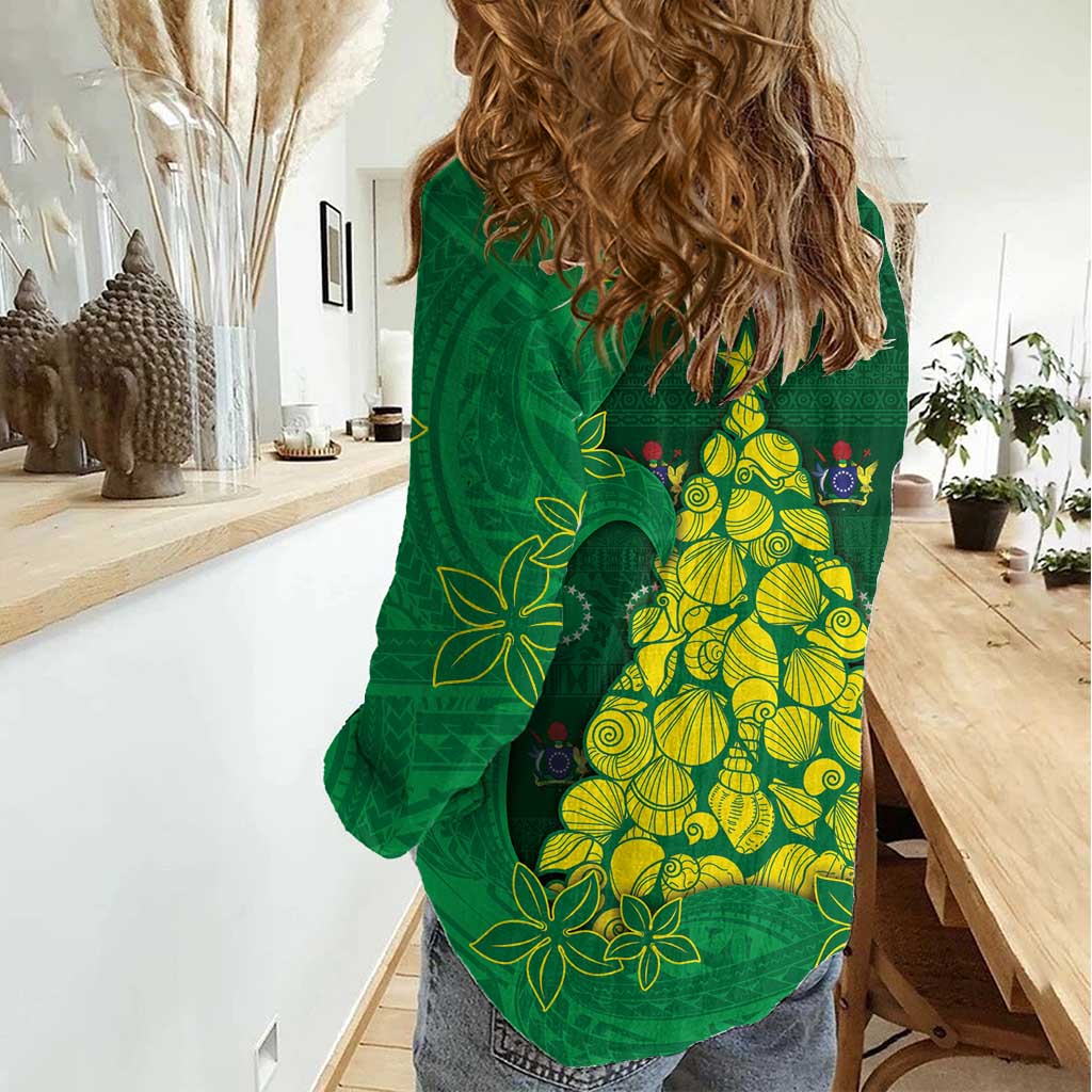 Cook Islands Christmas Women Casual Shirt Seashell Xmas Tree Tribal Waves - Polynesian Pride