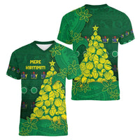 Cook Islands Christmas Women V-Neck T-Shirt Seashell Xmas Tree Tribal Waves - Polynesian Pride