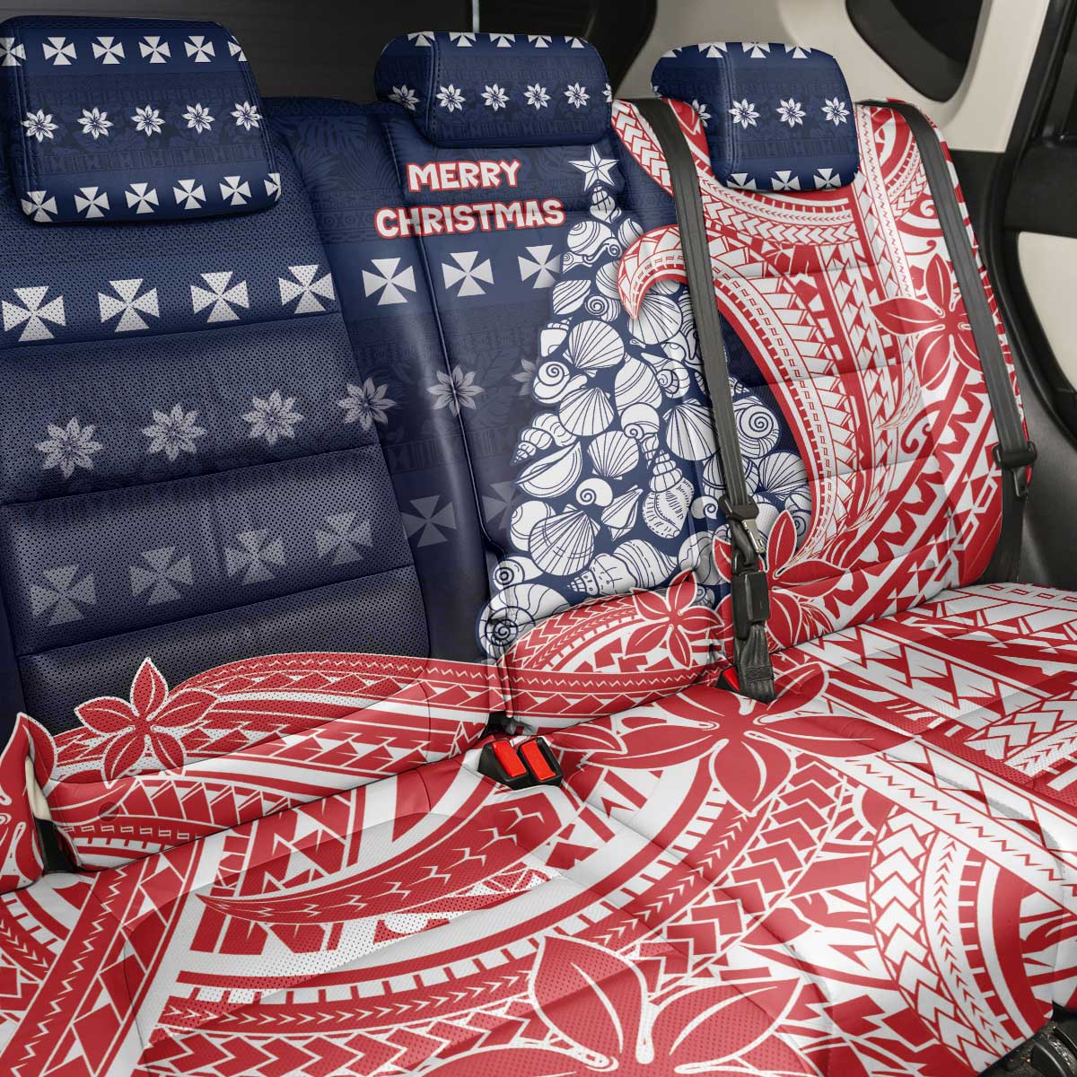 Wallis And Futuna Christmas Back Car Seat Cover Seashell Xmas Tree Tribal Waves - Polynesian Pride