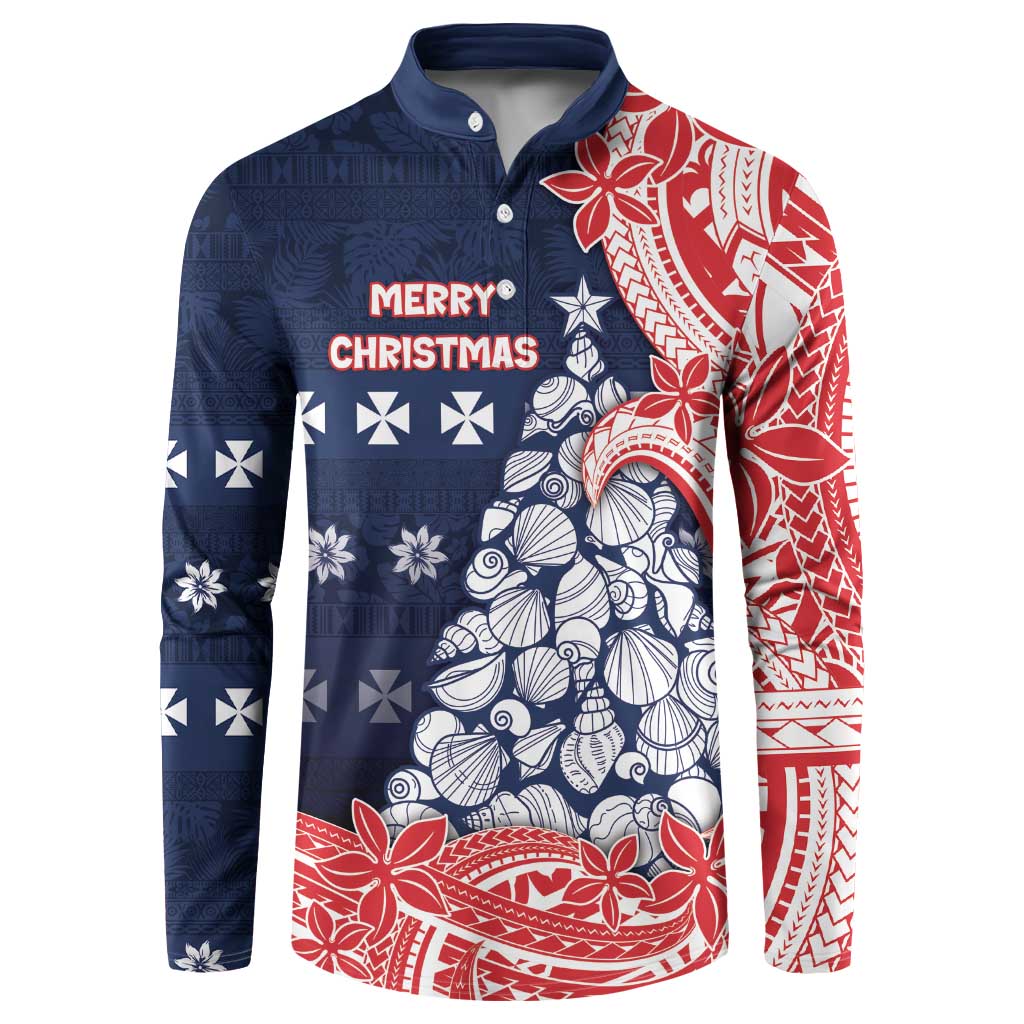 Wallis And Futuna Christmas Button Sweatshirt Seashell Xmas Tree Tribal Waves - Polynesian Pride