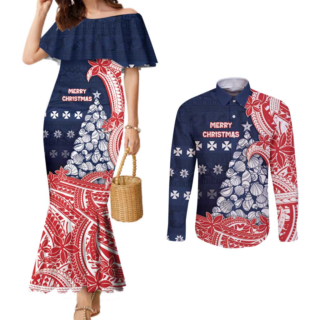 Wallis And Futuna Christmas Couples Matching Mermaid Dress and Long Sleeve Button Shirt Seashell Xmas Tree Tribal Waves - Polynesian Pride