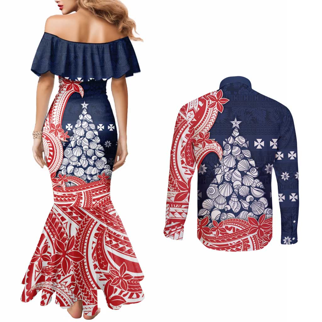 Wallis And Futuna Christmas Couples Matching Mermaid Dress and Long Sleeve Button Shirt Seashell Xmas Tree Tribal Waves - Polynesian Pride