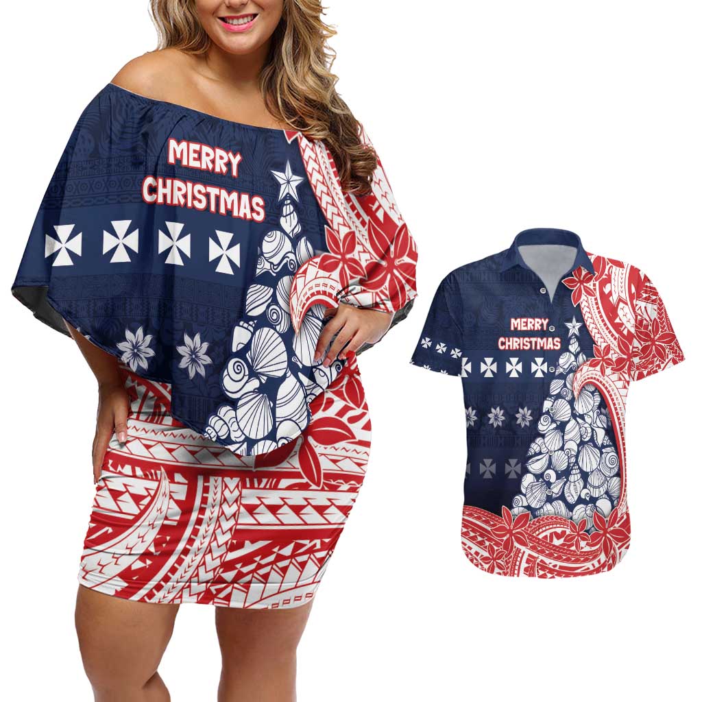 Wallis And Futuna Christmas Couples Matching Off Shoulder Short Dress and Hawaiian Shirt Seashell Xmas Tree Tribal Waves - Polynesian Pride