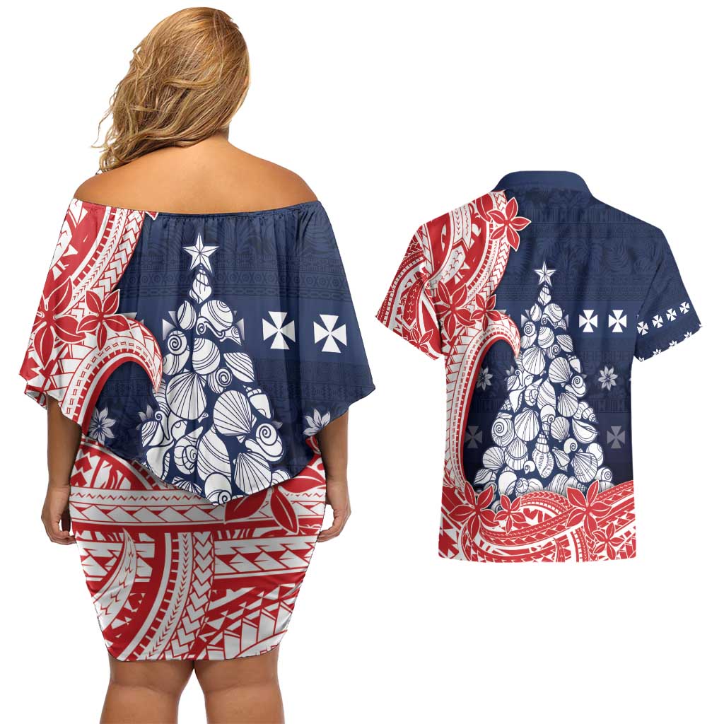 Wallis And Futuna Christmas Couples Matching Off Shoulder Short Dress and Hawaiian Shirt Seashell Xmas Tree Tribal Waves - Polynesian Pride