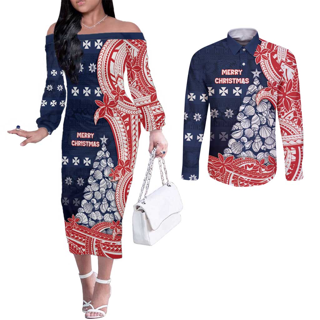 Wallis And Futuna Christmas Couples Matching Off The Shoulder Long Sleeve Dress and Long Sleeve Button Shirt Seashell Xmas Tree Tribal Waves - Polynesian Pride