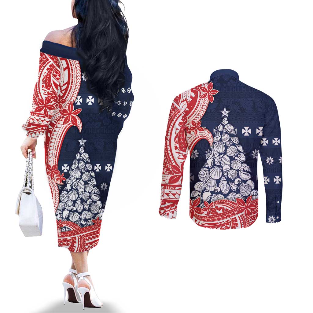 Wallis And Futuna Christmas Couples Matching Off The Shoulder Long Sleeve Dress and Long Sleeve Button Shirt Seashell Xmas Tree Tribal Waves - Polynesian Pride