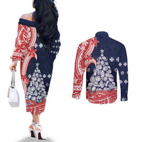 Wallis And Futuna Christmas Couples Matching Off The Shoulder Long Sleeve Dress and Long Sleeve Button Shirt Seashell Xmas Tree Tribal Waves - Polynesian Pride