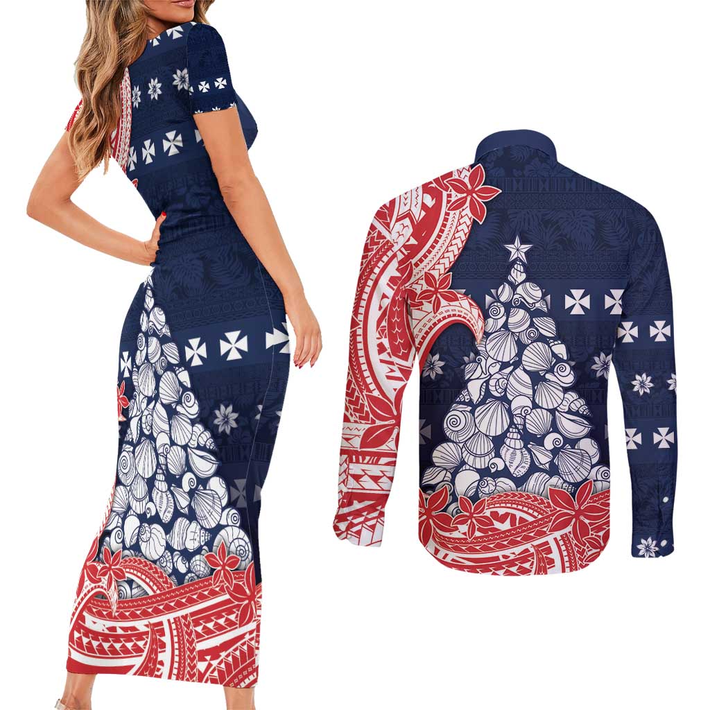 Wallis And Futuna Christmas Couples Matching Short Sleeve Bodycon Dress and Long Sleeve Button Shirt Seashell Xmas Tree Tribal Waves - Polynesian Pride